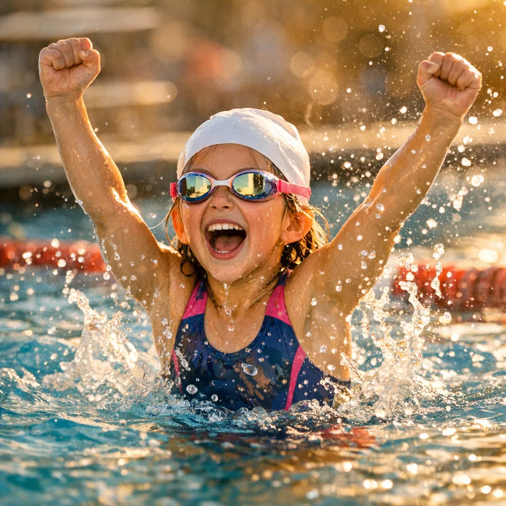 Child celebrating a personal best at the pool