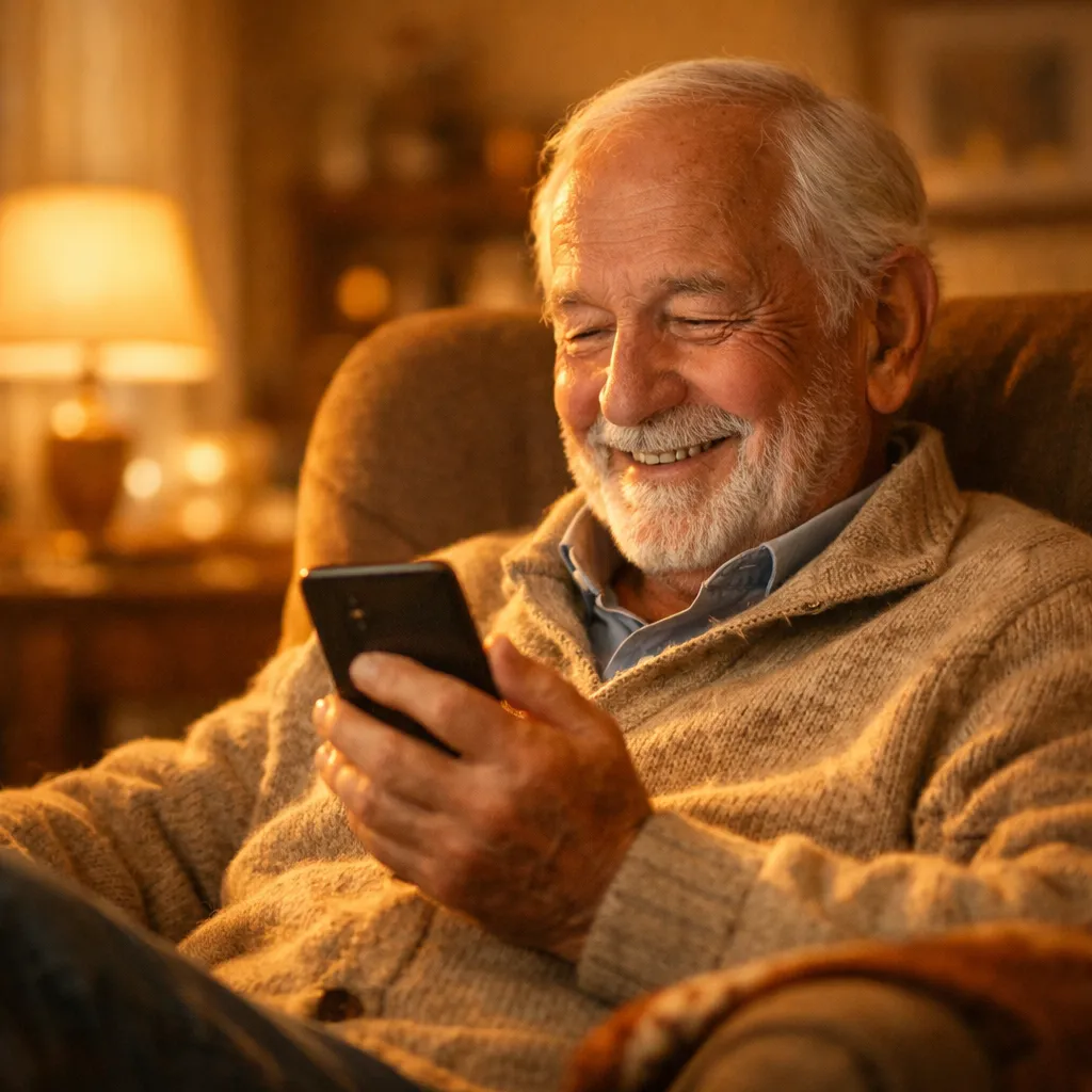 Grandpa smiling at phone seeing grandchild's PB