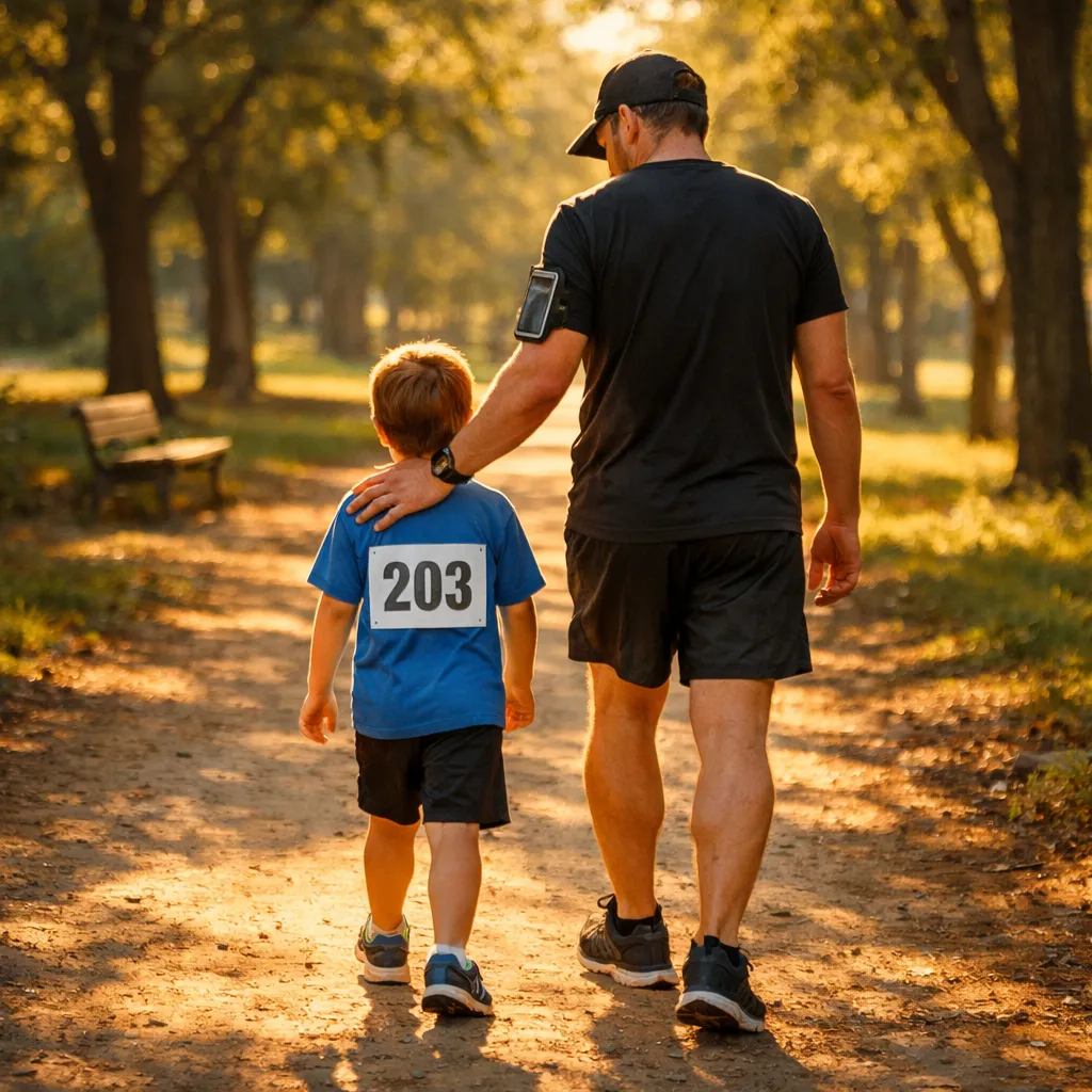 Parent and child walking together after a race